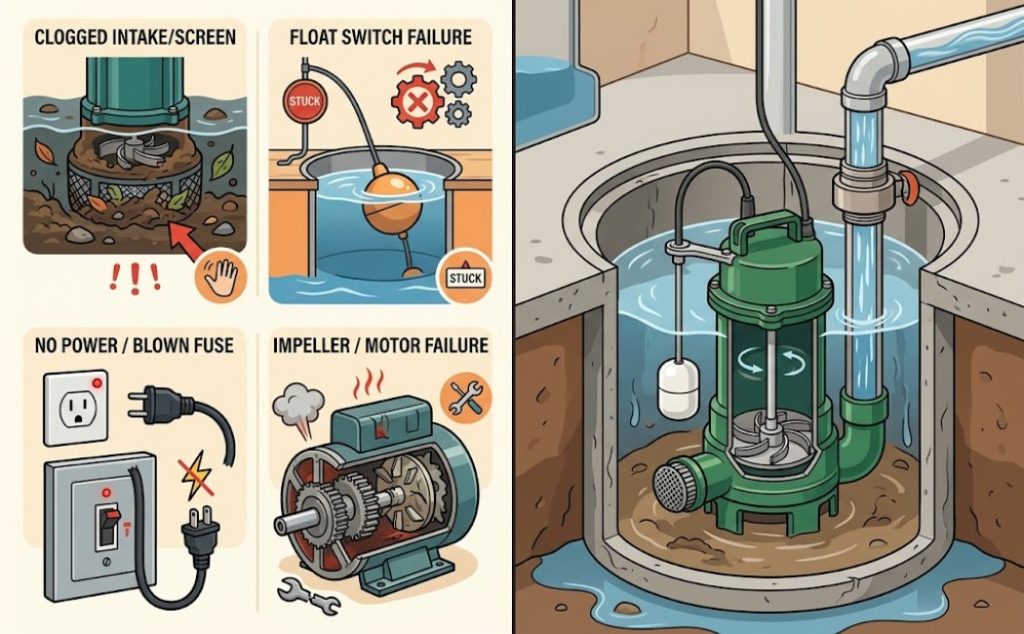 common sump pump issues such as clogged intake screen, float switch failure, power supply loss, and motor impeller failure alongside a cross-section of a working sump pump in a basin.