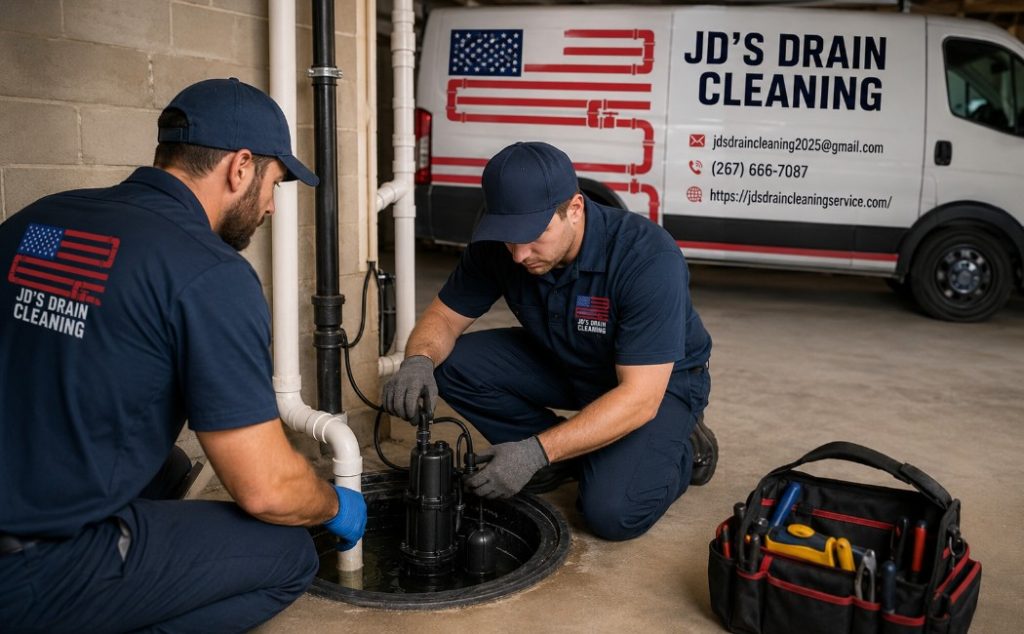 JD's Drain Cleaning Service Plumbers Performing Sump Pump Maintenance