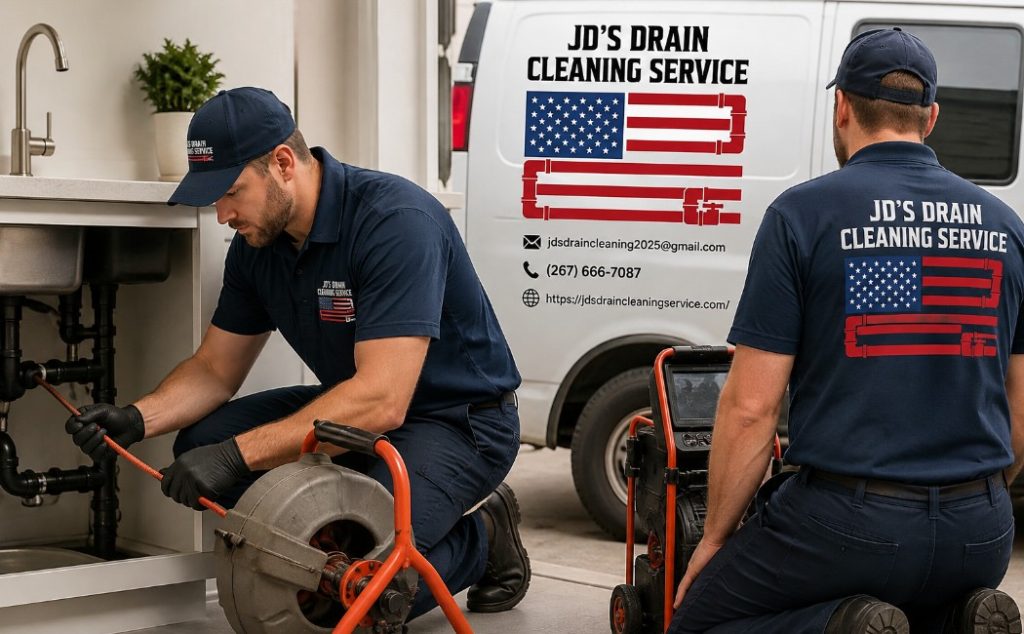 JD's Drain Cleaning professional plumbers clearing a clogged residential drain with advanced drain cleaning equipment inside a modern home.