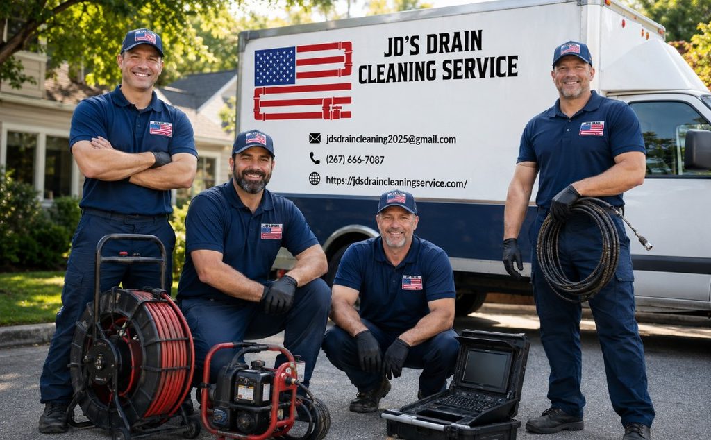 JD's Drain Cleaning professional team with drain cleaning equipment and branded service