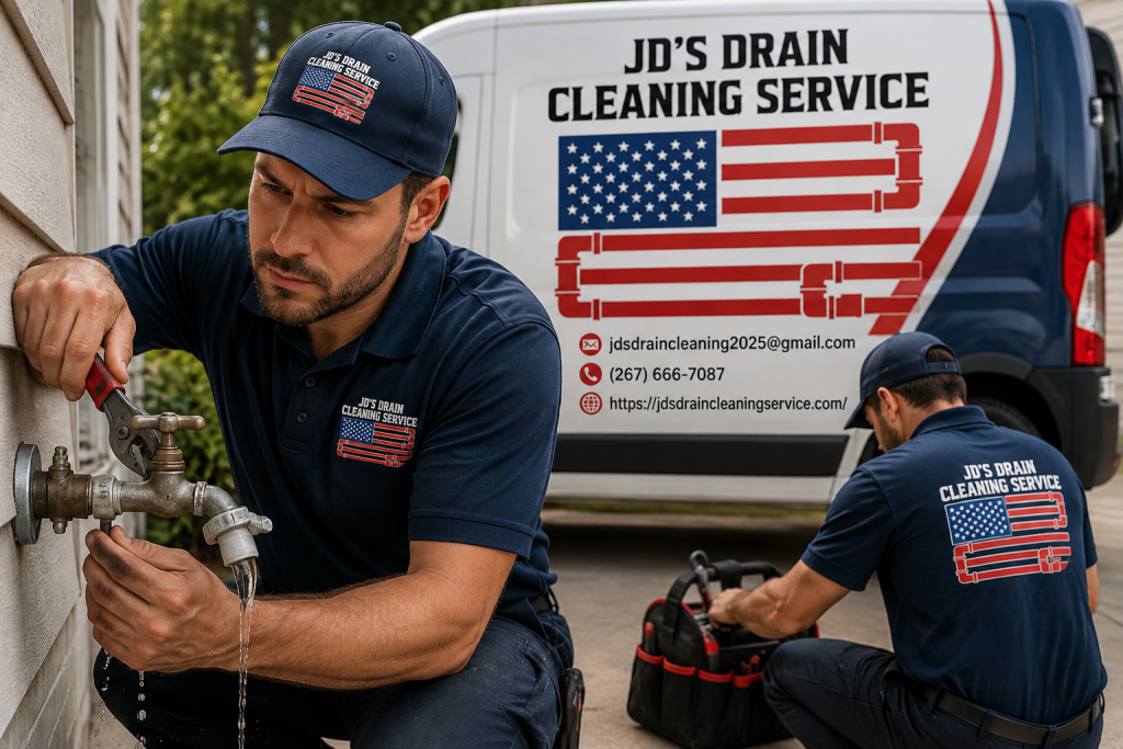 experienced-plumbers-from-jd-drain-cleaning-repairing-a-leaking-outdoor-faucet-while-a-branded-company-service-van-is-parked-in-the-background