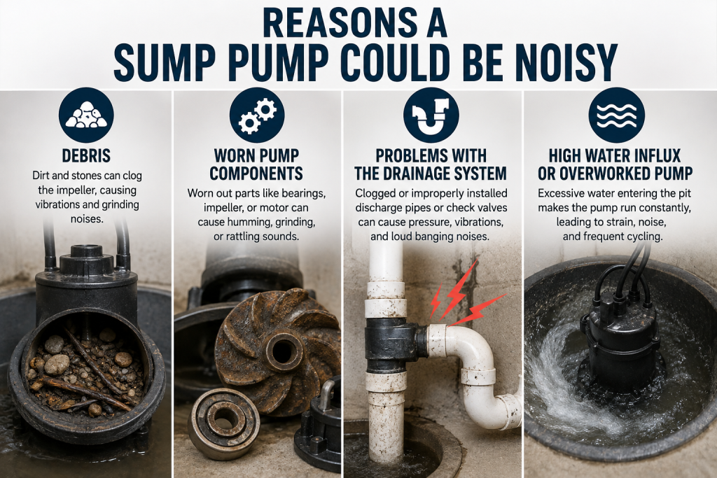 infographic-showing-common-reasons-a-sump-pump-becomes-noisy-including-debris-buildup-worn-pump-parts-drainage-problems-and-overworked-systems