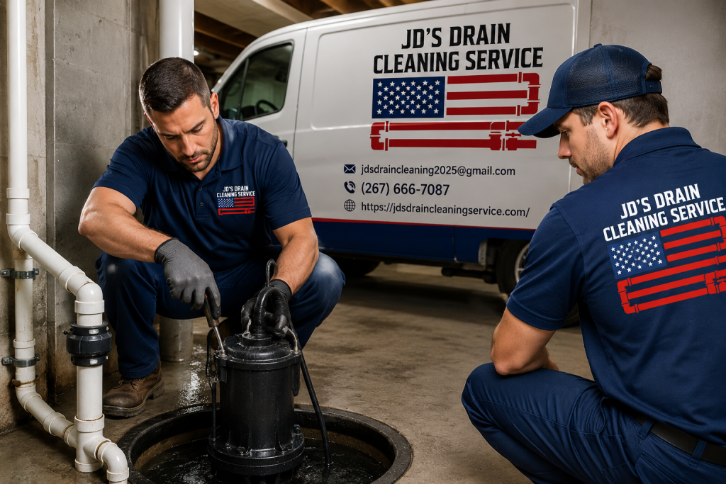 jd-drain-cleaning-plumbers-repairing-a-noisy-sump-pump-in-a-residential-basement-with-a-branded-service-vehicle-in-the-background