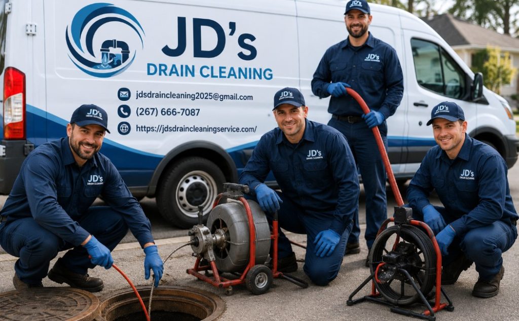 jd-drain-cleaning-plumbers-working-with-professional-drain-cleaning-equipment-beside-service-van