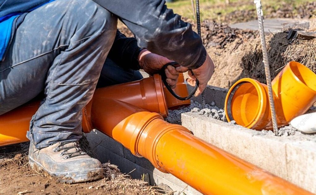 Plumbers installing a new water line for residential property