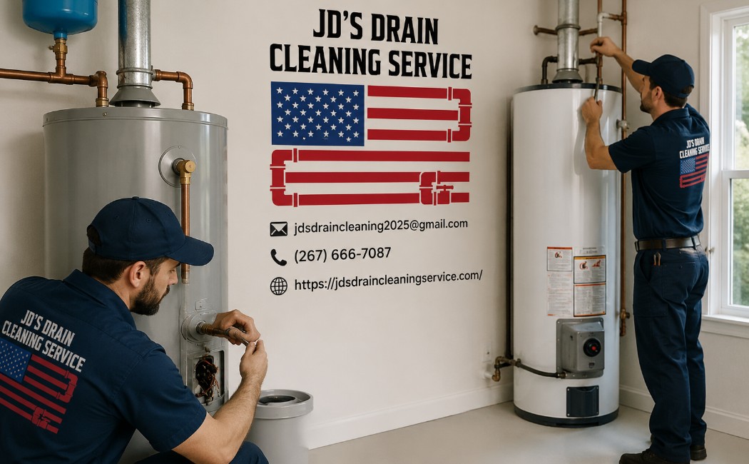Professional water heater repair and installation experts working in a home